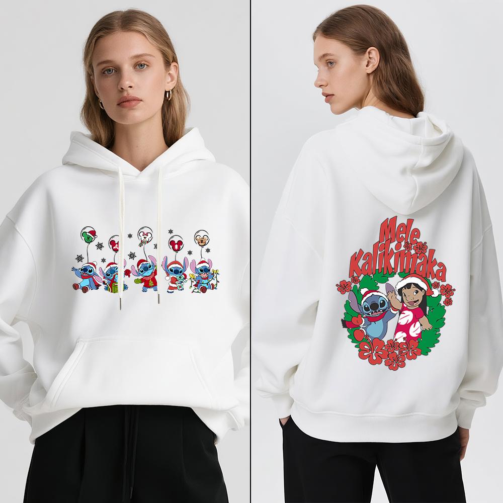 Disney Stitch Christmas Print Women Fleece Hoodie Winter Warm Pullover Casual Holiday Travel Party Outfit Soft Cozy Sweatshirt