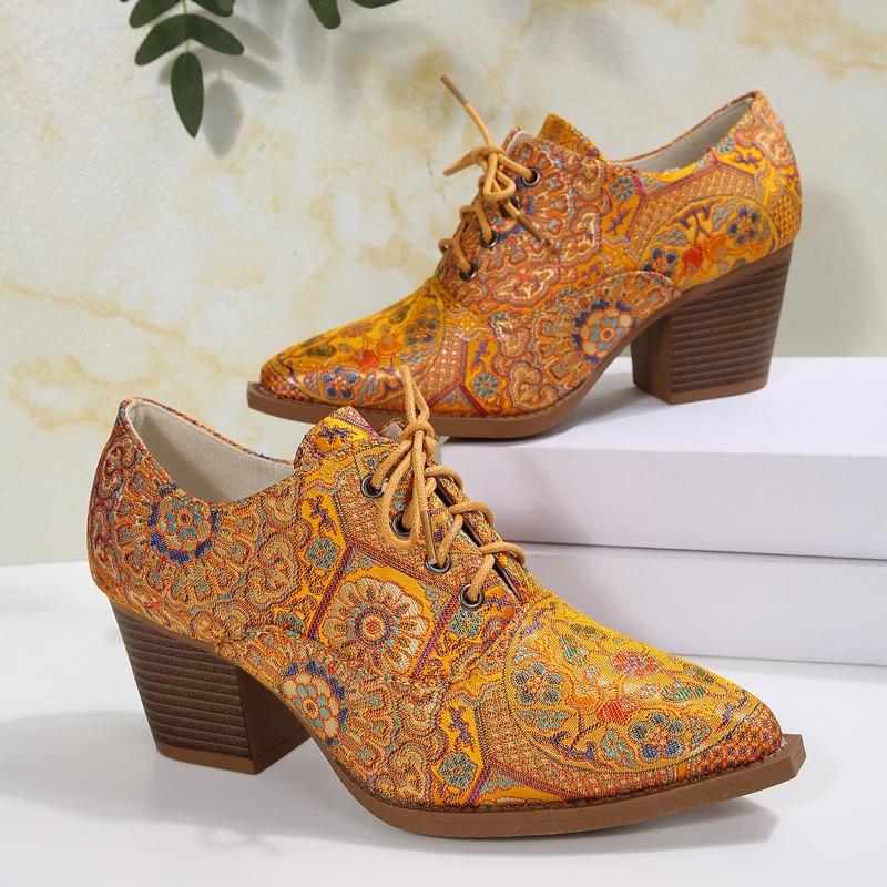 

Новые весенние туфли на высоком каблуке с принтом, на шнуровке спереди, на толстом каблуке, женские 43