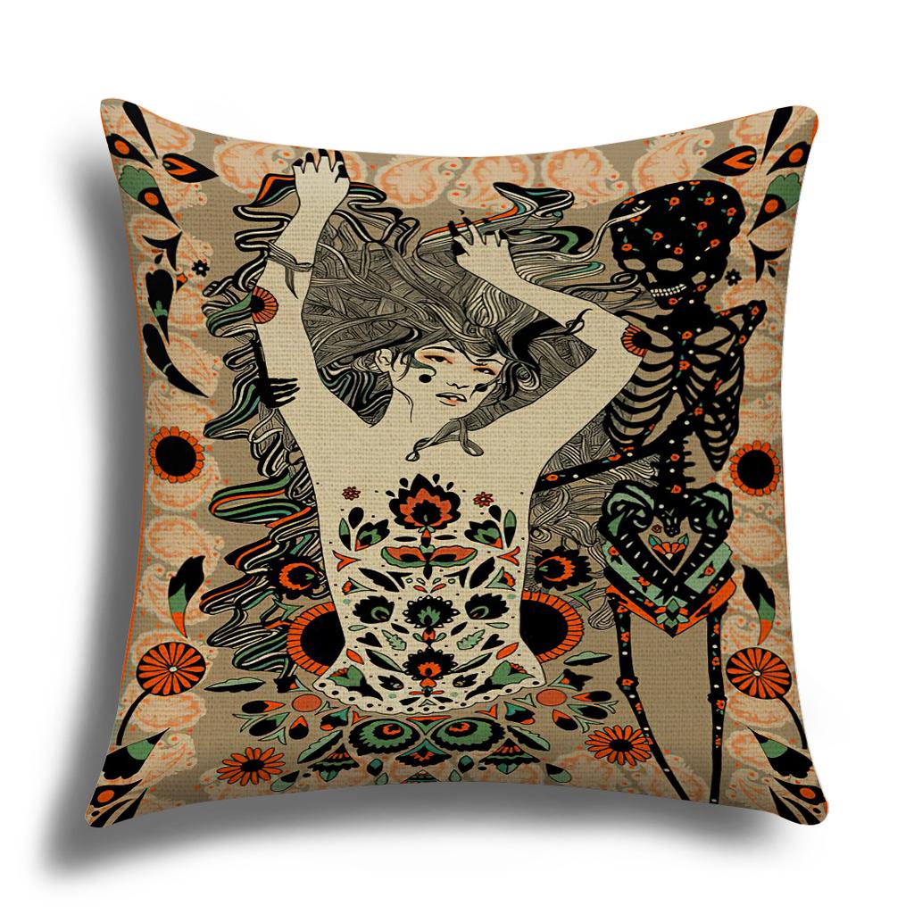 Classic Retro Girl Skull Illustration Cushion Cover Pillow Cover Sofa Cushion Cover Living Room Bedroom Soft Home Decoration