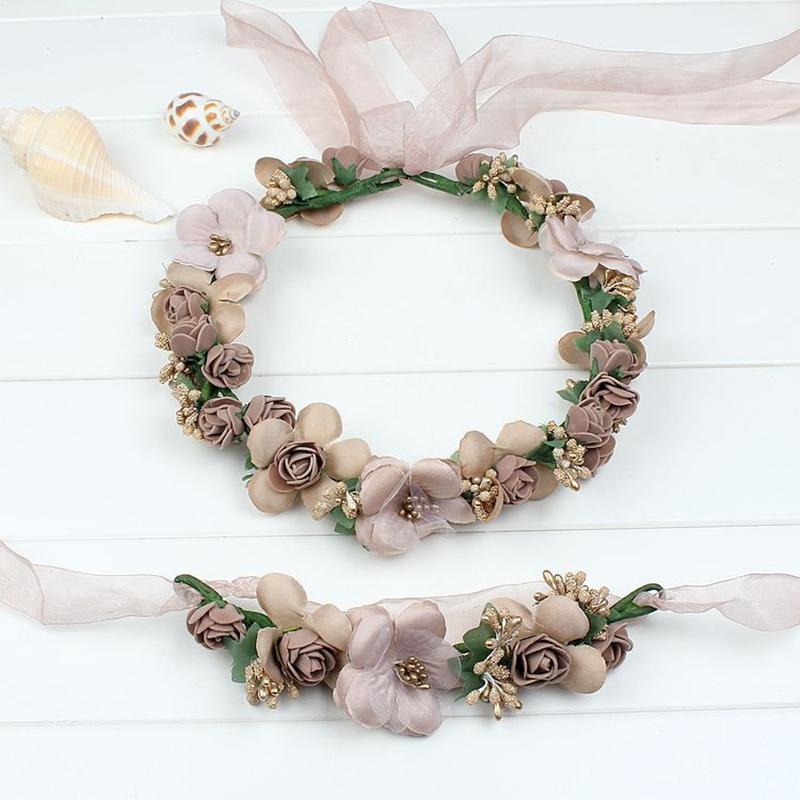

Flower Crown Wreath Bride Garland with Ribbon Communion Wreath Handmade Headband Headpiece Fairy Tiaras Wedding Hair Accessories