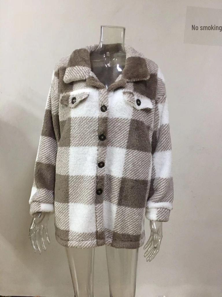 Women's Plaid Lamb Wool Jacket with Pockets - Autumn/Winter 2025 Collection