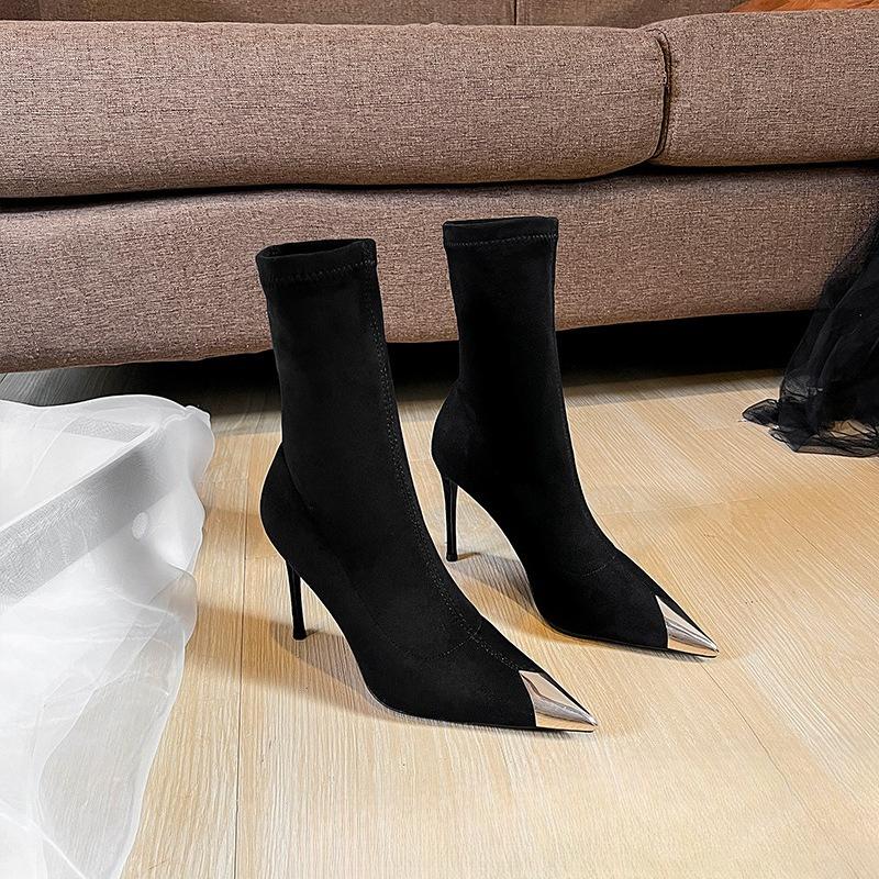 Black Pointed Toe Stiletto Heel Boots Women Ankle High Heels Vulcanized Shoes New Arrival