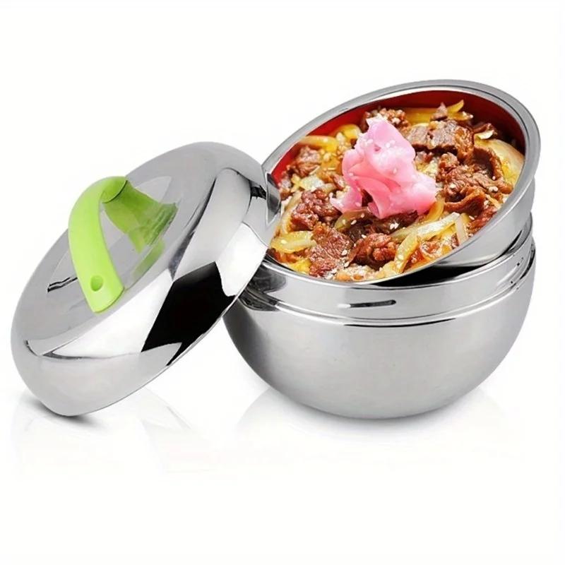 Stainless Steel Double-Layer Lunch Box with Lid - Leak-Proof Portable Bento Box for Adults Kids Insulated Food Container 08L green handle 2940₽