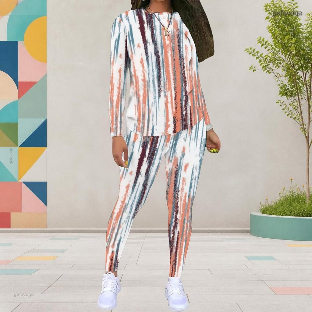 Women Plus Size Round Neck Long Sleeve Printed Top And Fitted Pants Two Piece Set