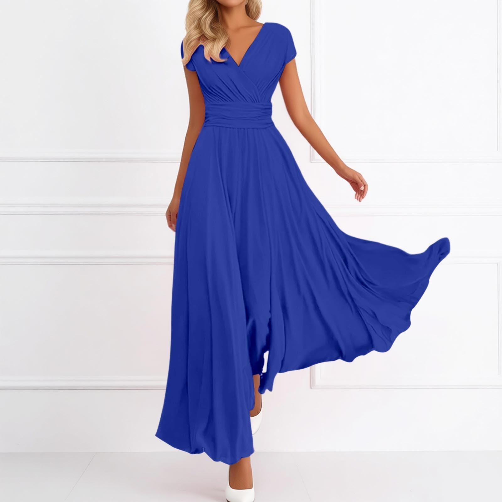 

Ladies Casual And Fashionable V-neck Short Sleeved Chiffon Waist Slimming Dress With Back Zipper M синий