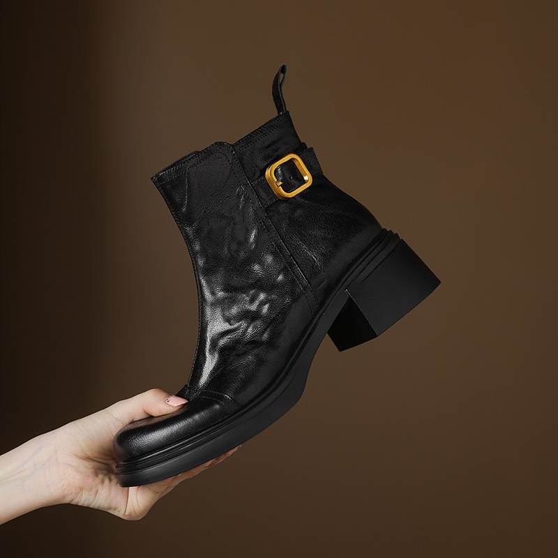 Krazing Pot Sheepskin Round Toe Thick Heels Chelsea Boots Size 42 High Quality Women Keep Warm Metal Buckle Ankle Boots