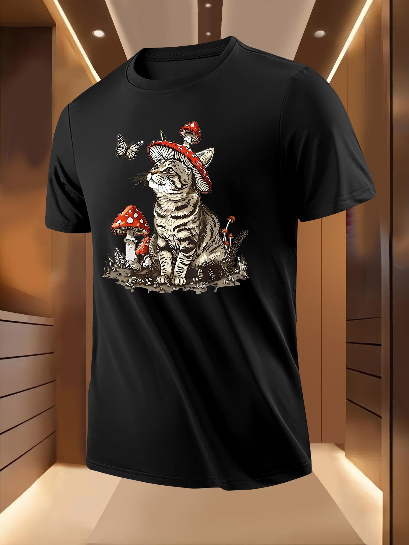 Mushroom Cat Print Tshirt - Breathable Lightweight Polyester L
