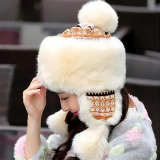 Women  Knitted Faux Fur Beanie Hat Winter Ear Flaps Cap Russian Trapper Hat Warm оранжевый