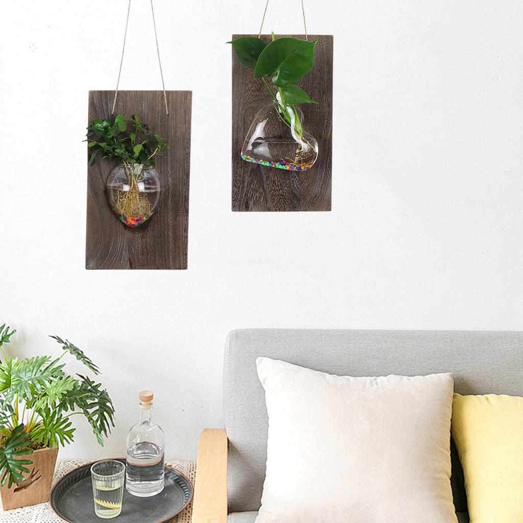 2pcs Wall Hanging Glass Vases with Wood Board Real Wood Decor for Hydroponic Plants