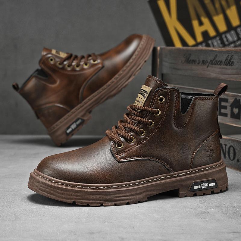 

Luxury Men Chelsea Boots British Vintage Style Waterproof Man Leather Shoes Outdoor Comfortable Thick Bottom Motorcycle Boots 48 39 коричневый