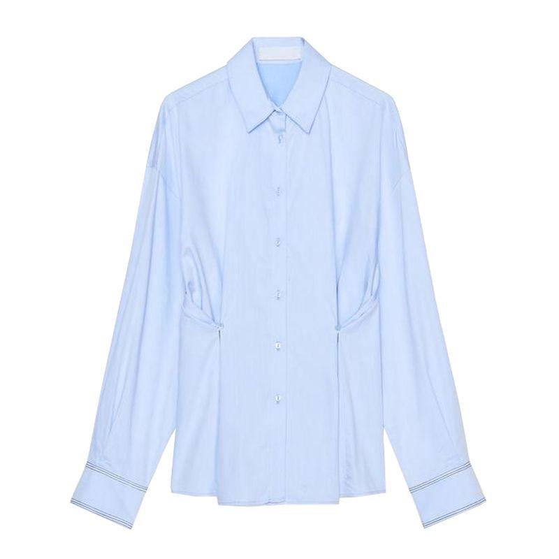 

Za Spring New Women clothes Fashion Casual Waist Button Decoration Oxford Long sleeve Lapel Shirts 2190772 Light Blue L