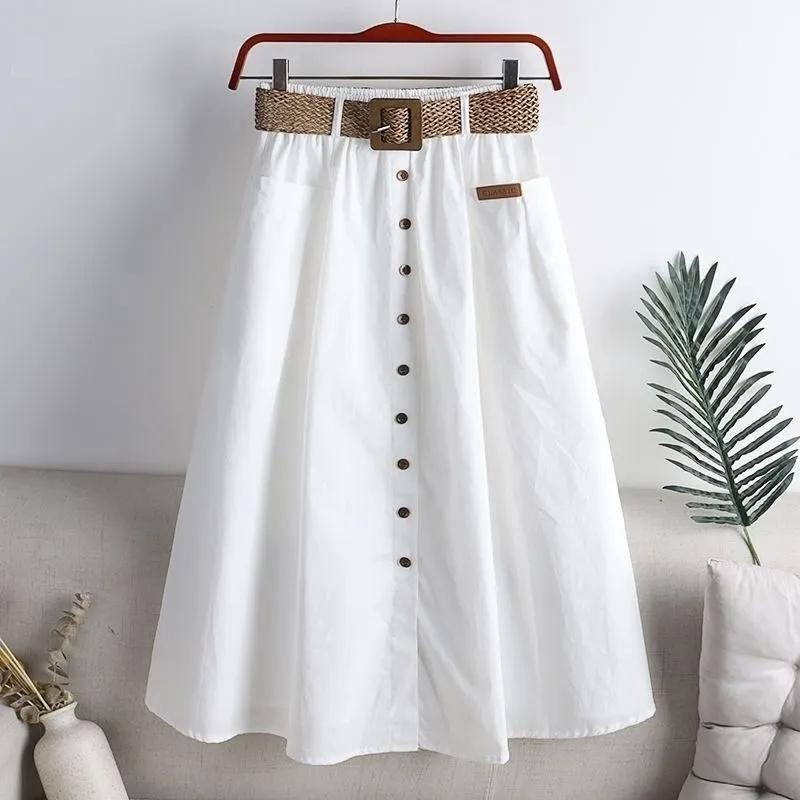 2025 Spring Summer Women Washed Cotton Elastic High-waist Skirt Pocket Belt Solid Long A-line Skirts Split Hem All-match Skirts