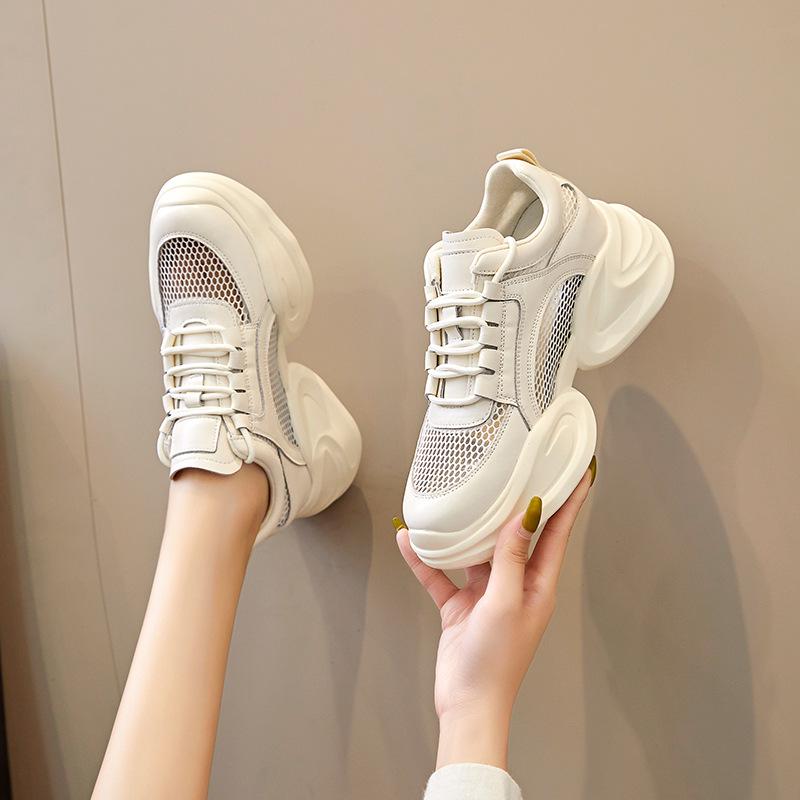 Women's 2024 Summer White Mesh & Leather Height-Enhancing Casual Shoes with Thick Sole.