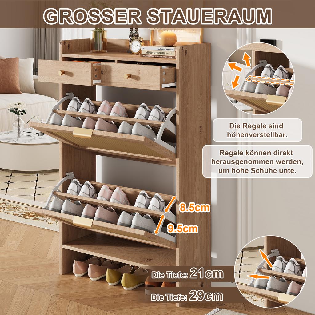 Modern Shoe Cabinet with Rattan Double Doors, 2 Drawers, Multi-level Storage, Narrow, for Hallway and Entrance, Wood Look, 65 × 25 × 106 Cm