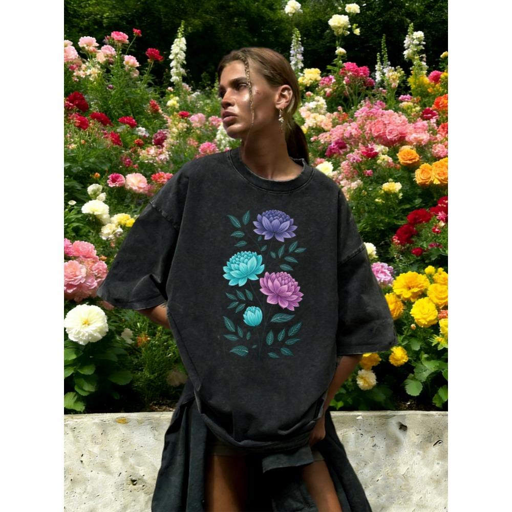 Aesthetic Flowers Branches Print Washed T-Shirt Women Breathable Cotton T Shirt Vintage Y2K Sportswear Loose Short Sleeve