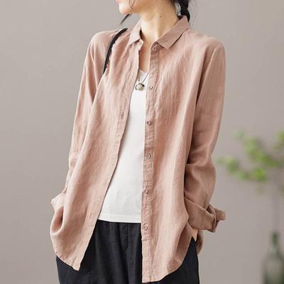 Chemises à Boutons Printemps Automne Décontractées Col Rabattu Manches Longues Blouse en Coton pour Femme