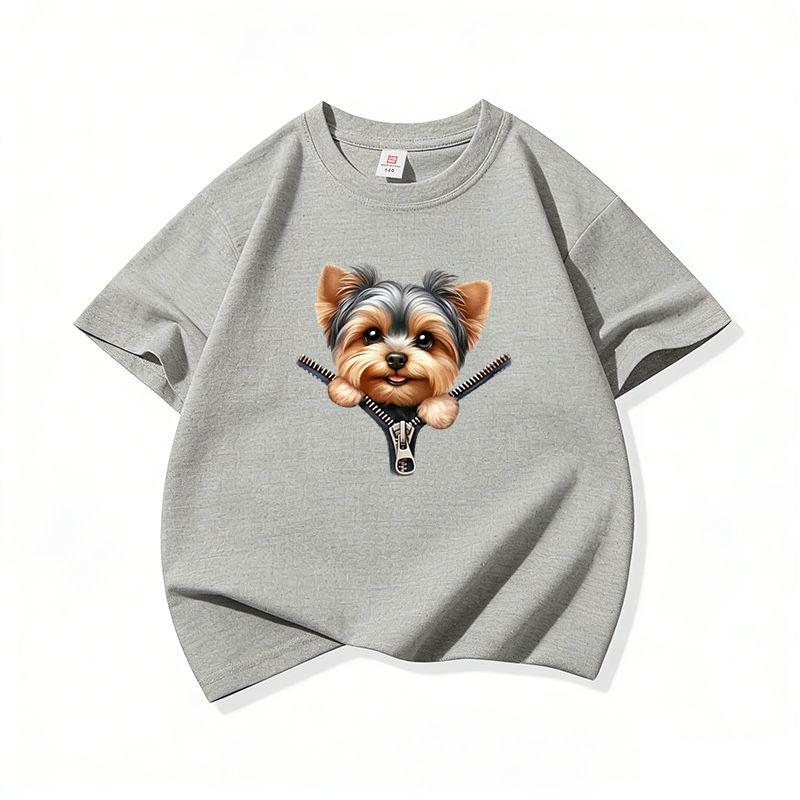 Kids Cotton T Shirt Sweet Yorkshire Terrier Dog Zipper Print Crew Neck Short Sleeve Tee Casual Breathable Boys Girls Summer Tops