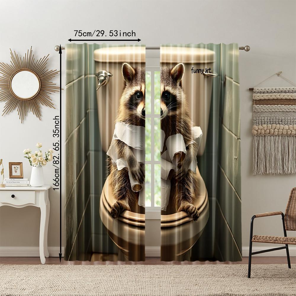 2 pcs, versatile polyester transparent curtains for home decoration Funny Raccoon for use in bedrooms and living rooms