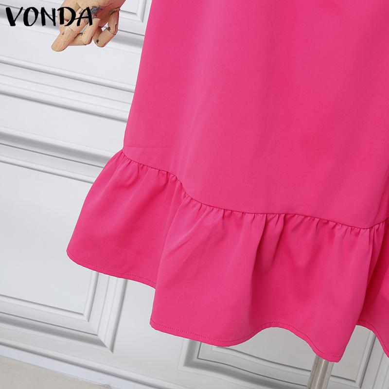 VONDA Women's Puff 3/4 Sleeve Sleeve Bow Knot Solid Color Loose Midi Dress