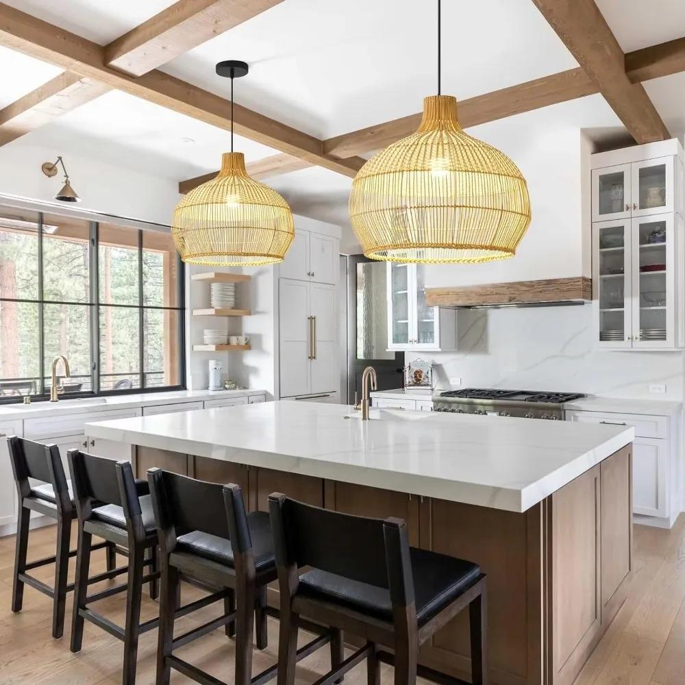 JOYINLLED  Bamboo Ceiling Light White Hand-Woven Boho Hanging Lamp for Dining Living Bedroom Farmhouse Dia.35 E27 LED Chandelier