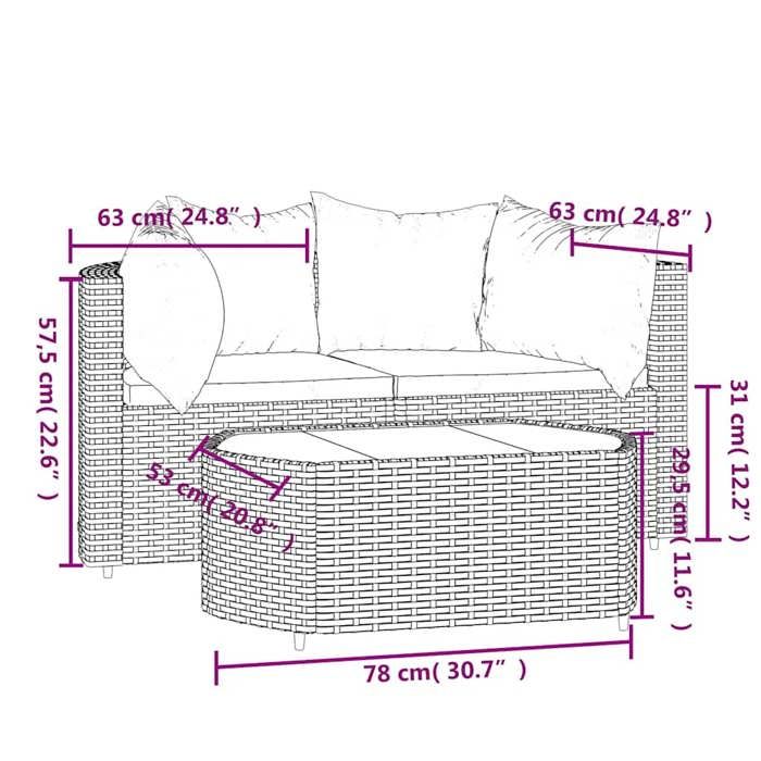 VidaXL Salon de jardin 3 pcs avec coussins Gris Résine tressée, ensemble de salon d'extérieur, ensemble de mobilier 319855