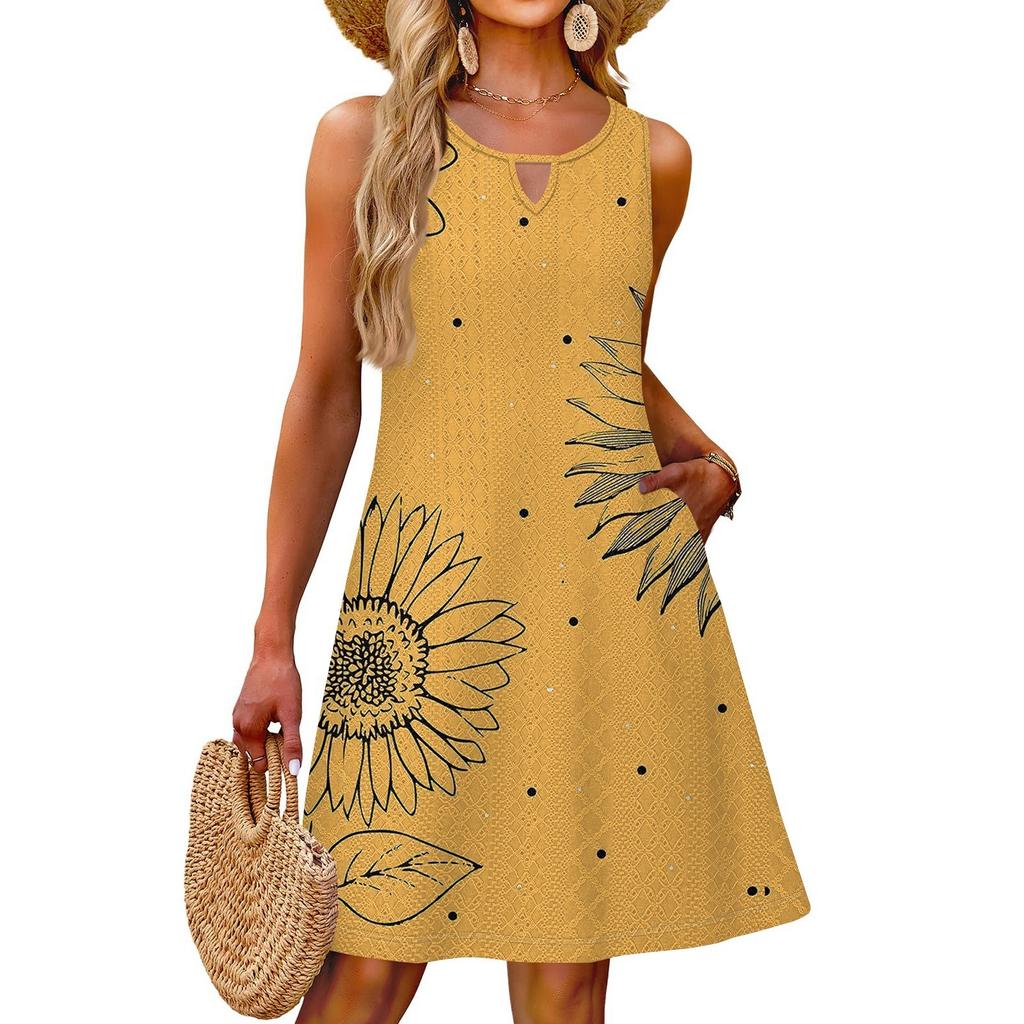 Damenmode Lässig Sommer Vintage Blumenmuster Kleid mit Tasche Strandurlaub Westenkleid