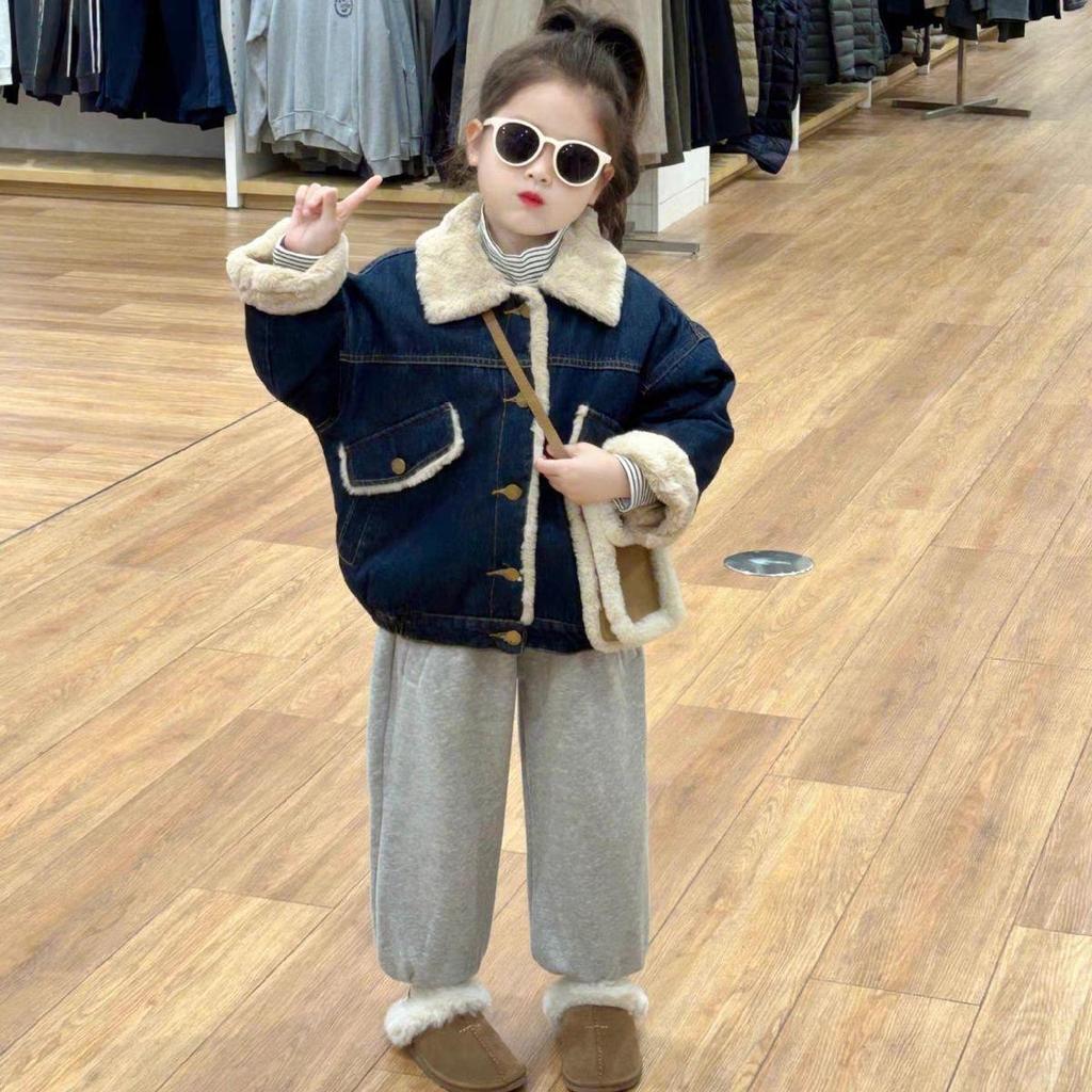 2024 Girls' Winter Fleece-Lined Denim Jacket & Pants Set