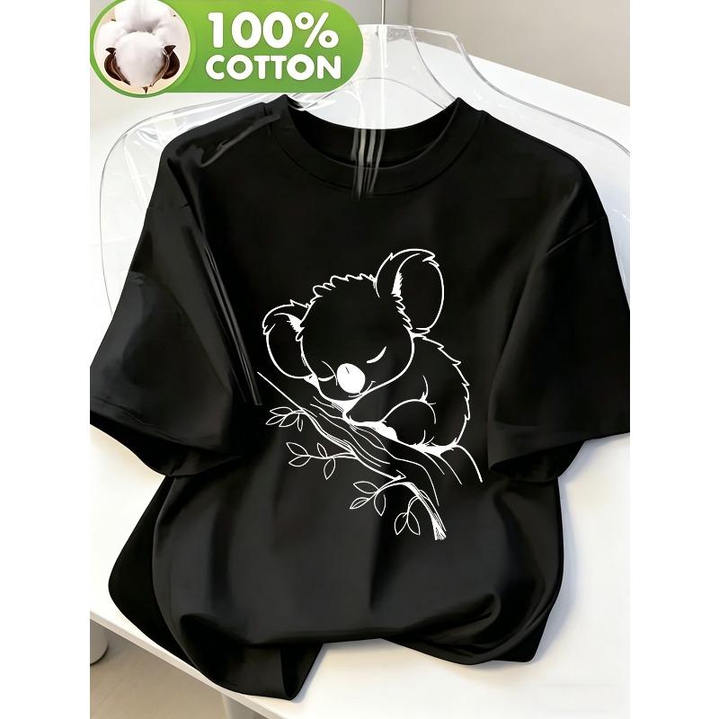 Women's 100% T-Shirt, Cute Sleeping Koala Sketch Print Crew Neck Short Sleeve Tee, Casual Trendy Summer Top, Breathable