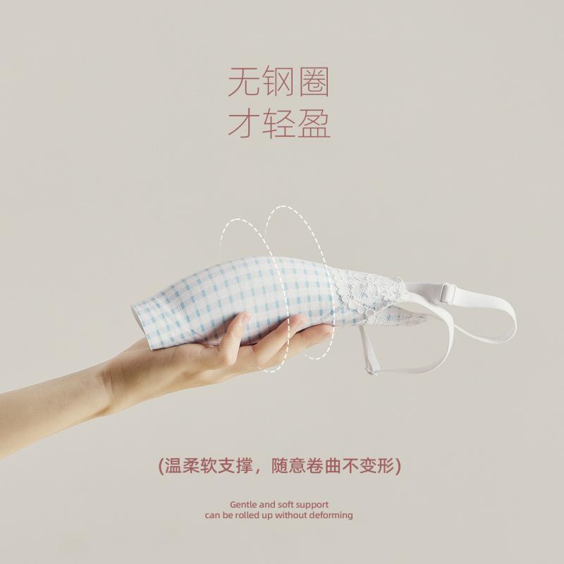 Sweet and Pure Girl Print Lace Edge Pure Cotton Underwear Women's No Steel Ring Anti-sagging Small Chest Gathering Thin Bra