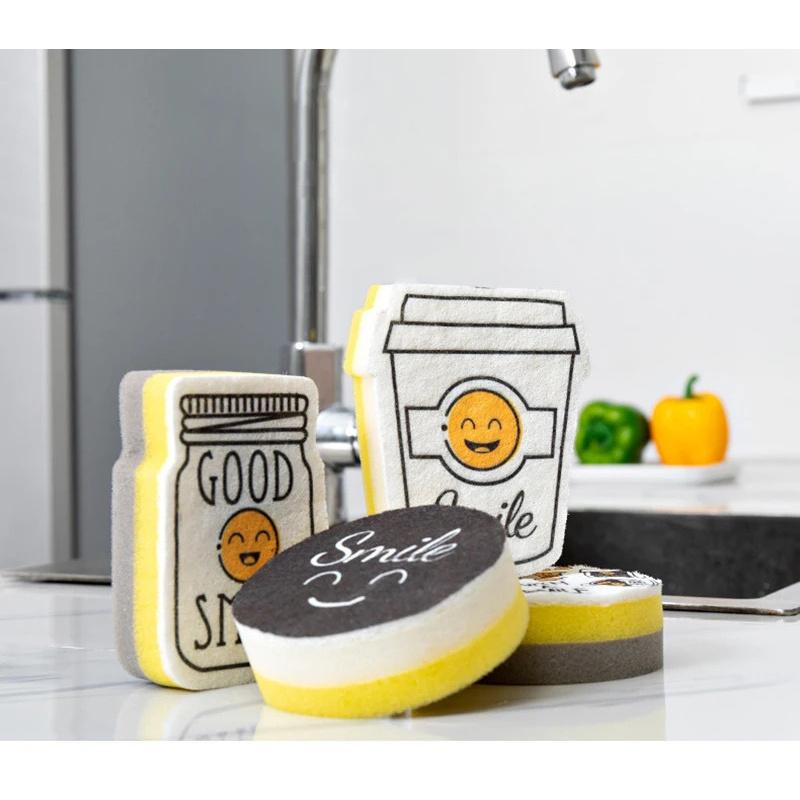 4-częściowa kreskówkowa gąbka do mycia naczyń z uśmiechniętą buziąkuchenna dwustronna myjąca gospodarstwodomowe czyszczenie garnków i misek oraz czyszczenie blatu