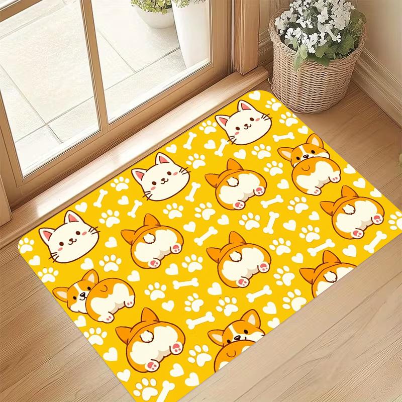 1pc, 2D Flat Printing, Yellow Cartoon Corgi Cat Pattern Doormat, Cute Animal Print Entrance Mat, Non-Slip Machine Washable Easy-to-Clean Polyester Mat