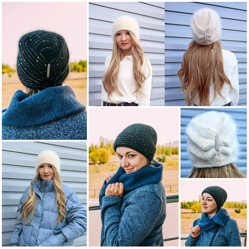 RTS Stock Winter Womens Knit Hats Angola Wool Warm Knitted Beanie Custom Colored Thread Ski Hat Fluffy Skull Hat