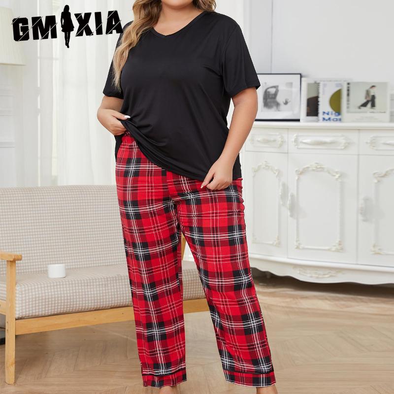 

GMXIA Пижама женская большого размера, модели весна-осень, большой размер, с коротким рукавом, брюки, домашний костюм XXXXL красный/чёрный