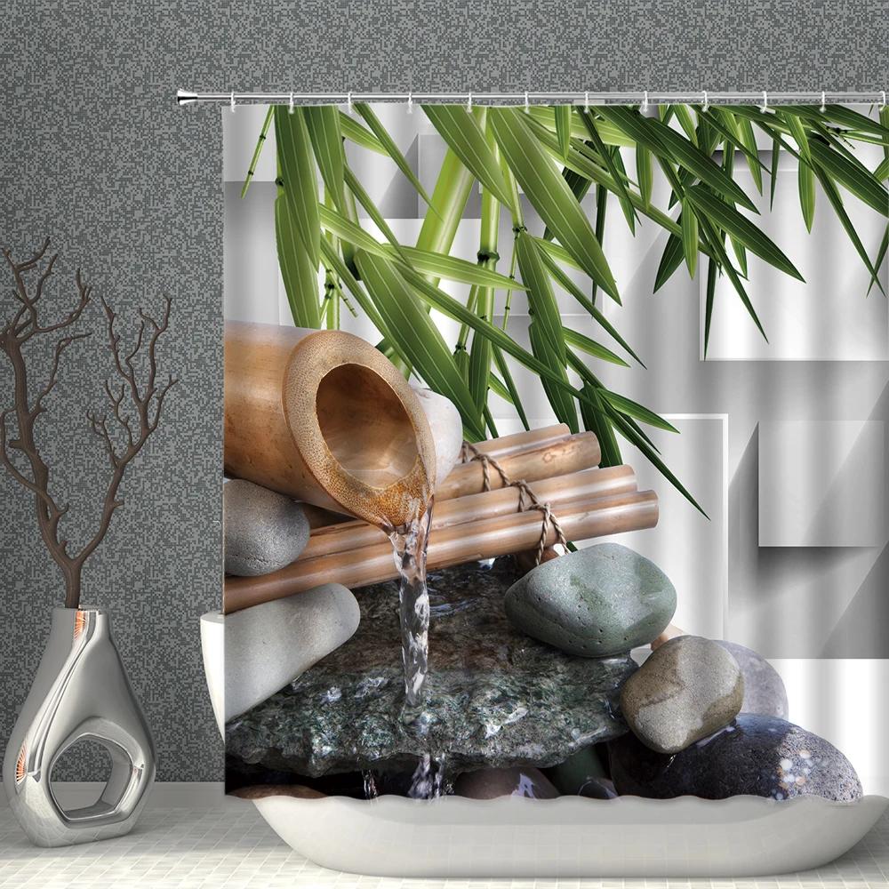 Zen Shower Curtain Green Bamboo Flowing Water Buddha Flower Goldfish Animal Bathroom Curtain Waterproof With Hooks Home Decor