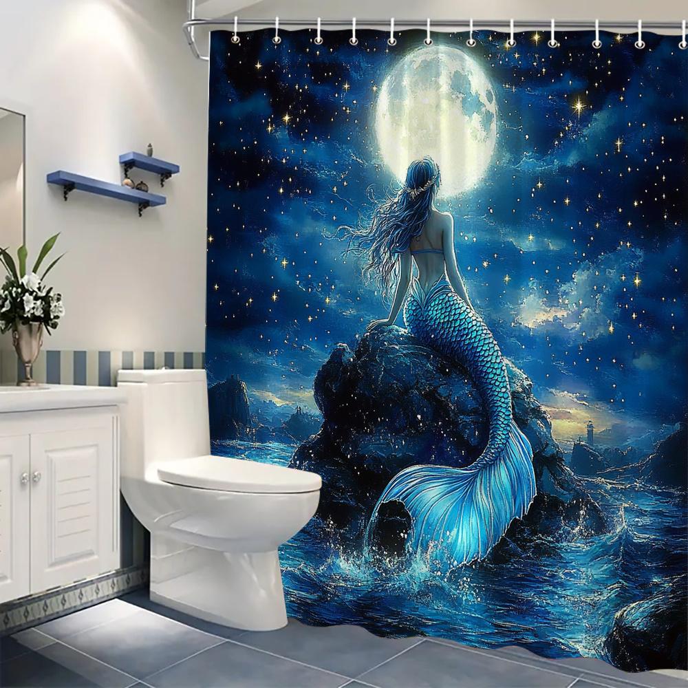 Blue Mermaid Shower Curtain with Full Moon and Stars 3D Artistic Design Waterproof Bath Decor Magical Fantasy Bathroom Curtains