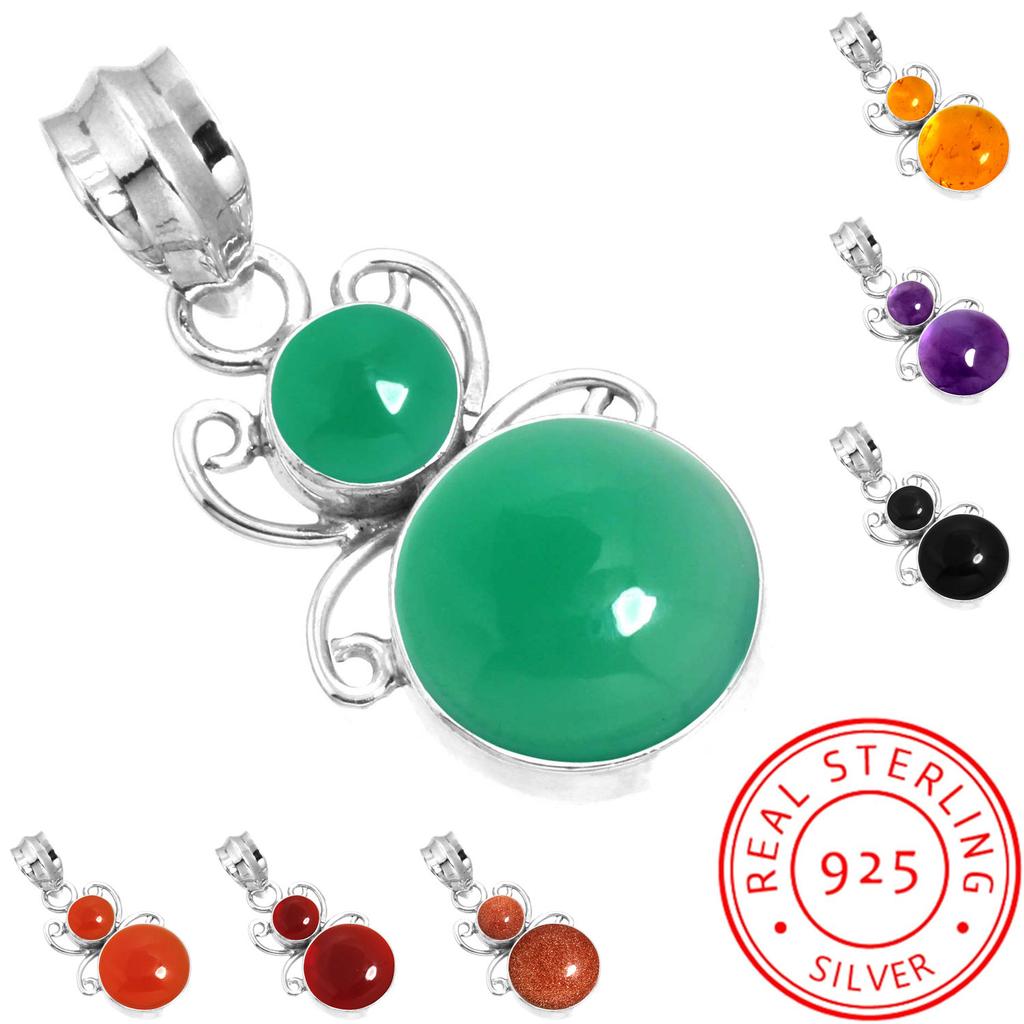 925 Sterling Silver Pendant Women Gemstone Handmade Jewelry New Year Gift Amber Amethyst Black Onyx Carnelian Garnet Quartz Green Onyx Gold Stone