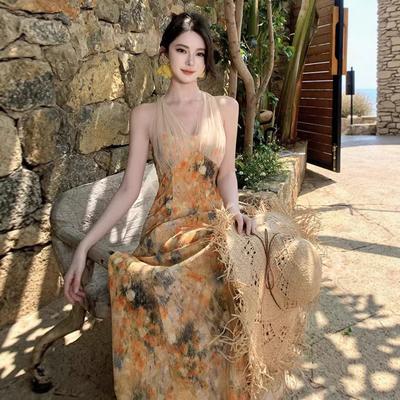 Monet Garden Yellow Neck Dress Huge Beautiful Skirt Dress Dopamine Island Bright Seaside Vacation