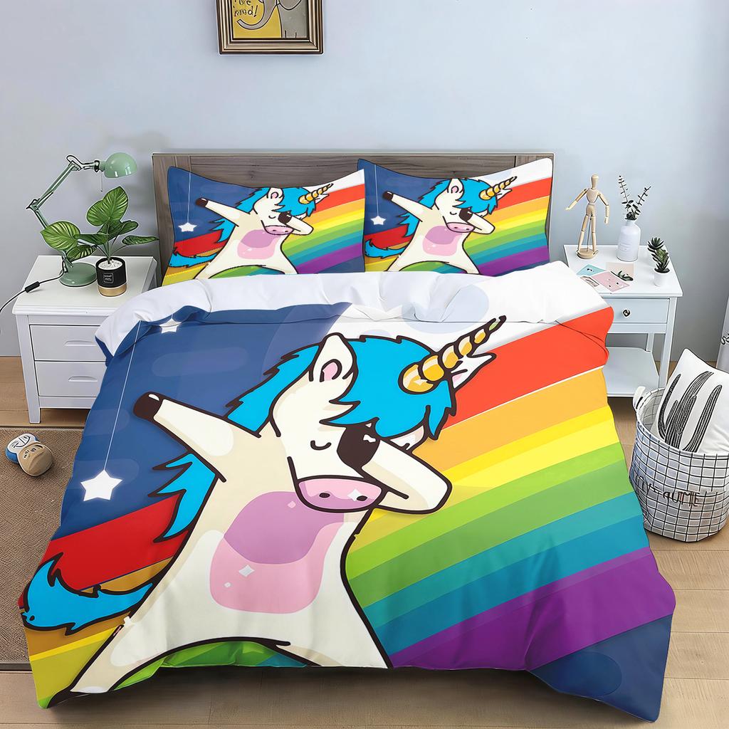 Cute Flowers Rainbow Unicorn Couple Bedding Set Pink Hearts Duvet Cover Pillowcase For Girls Bedroom Decor