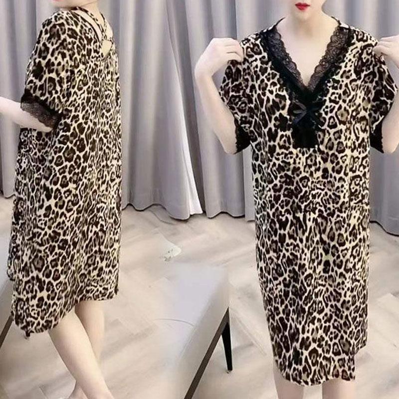 Women's Clothing Sexy Leopard Elegant V-Neck Lace Spliced Midi Dress Summer Straight Stylish Bow Casual All-match Loose Dresses