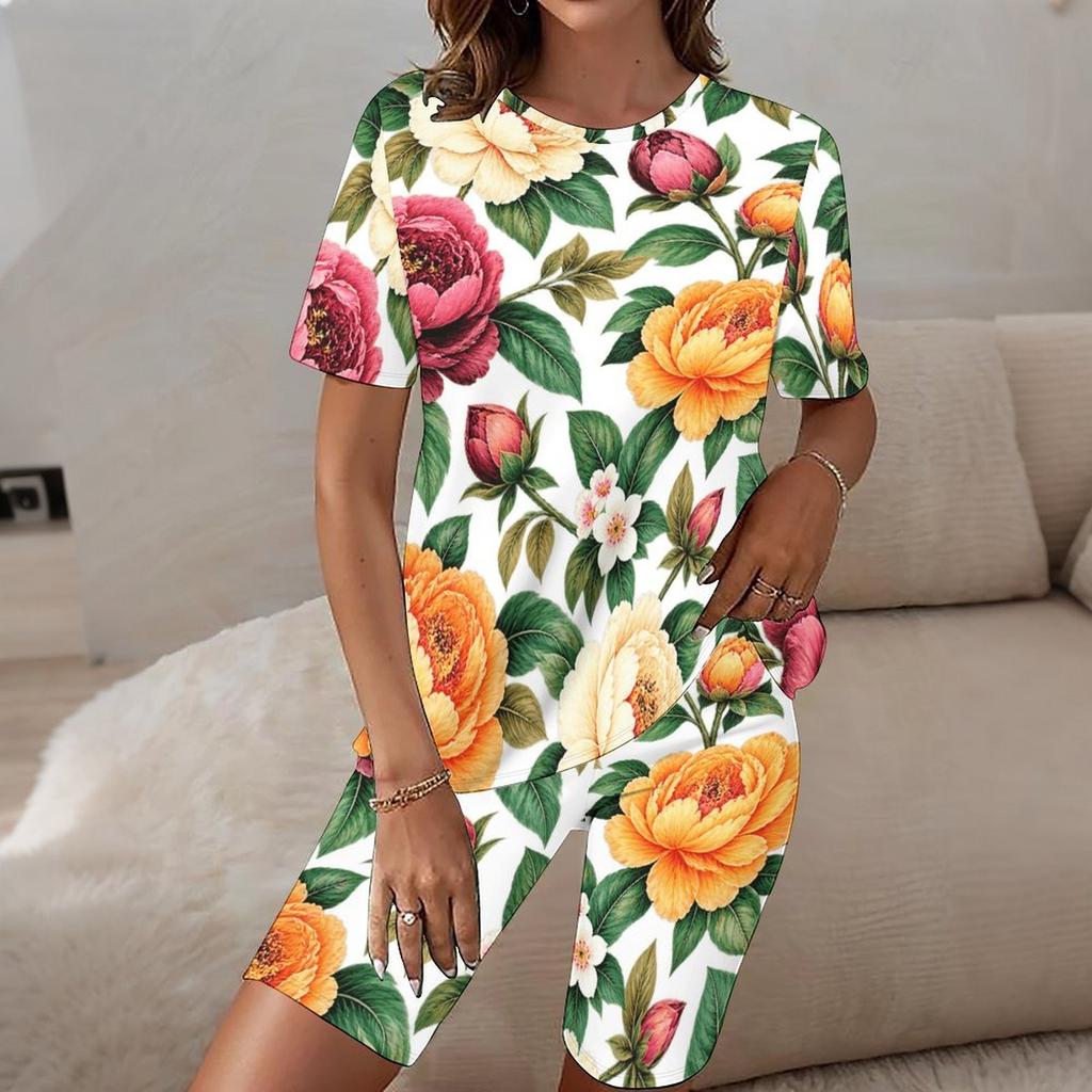 Women Plus Size Round Neck Short Sleeve White Floral Printed Two Piece Shorts Set