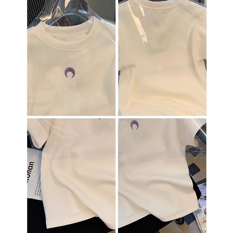Women's White Moon Print Short Sleeve T-Shirt Summer Casual Round Neck Basic Tee Niche Fashionable and Versatile