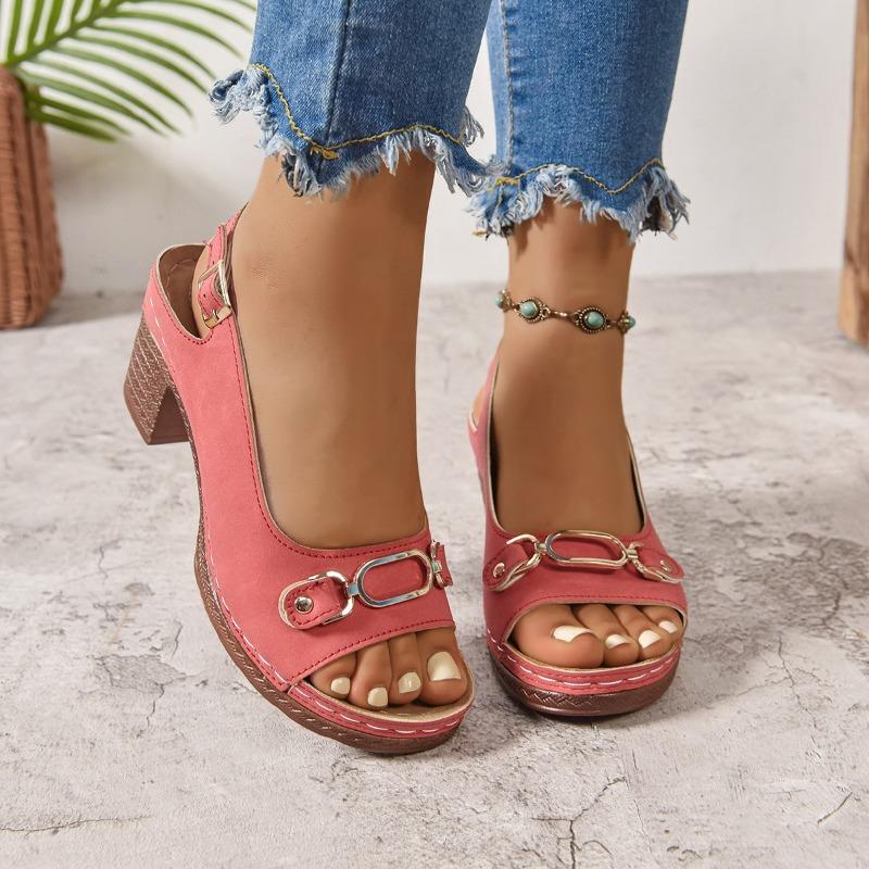 

Women’s Peep-Toe Buckle Mid Heel Sandals Comfortable Summer Shoes 43 красный