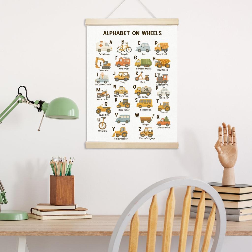 Voxitura Car Alphabet Poster Hanger Frame, Nursery Traffic Wall Decor Art Canvas for Playroom Kids Toddler Boy Room Classroom, Cute ABC Prints for