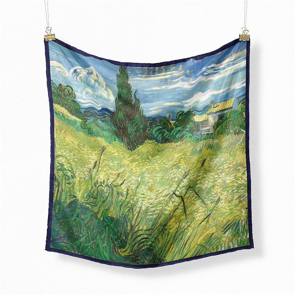 Famous Oil Painting Twill 100% Silk Scarf Fashion Bandana Women Scarf Wraps 53cm Square Scarves Hijab Head Scarf Neckerchief
