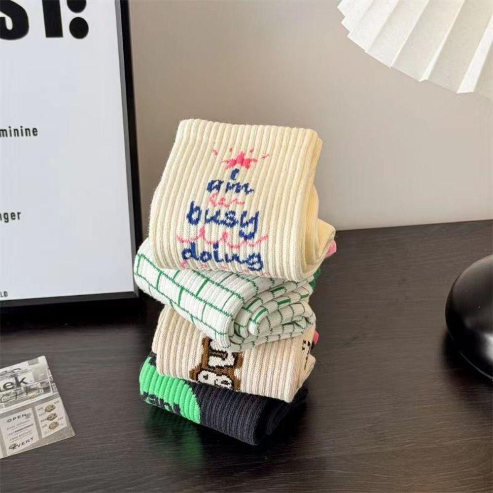 4Pairs Mid Tube Letter Printed Socks Kawaii Socks Women Casual Retro Lattice Socks  Girl