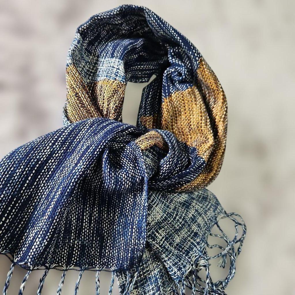 Used New, hand-woven stole, navy (indigo dye) and dark gold