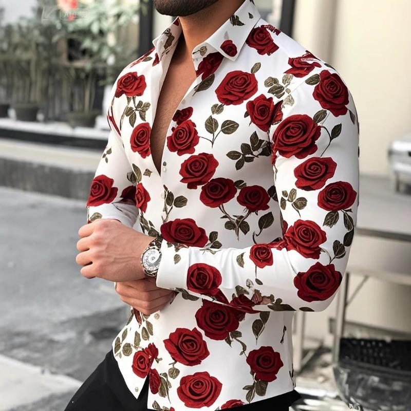 Men Long Sleeve Button Down Shirt Rose Floral Print Casual Hawaiian Style Top