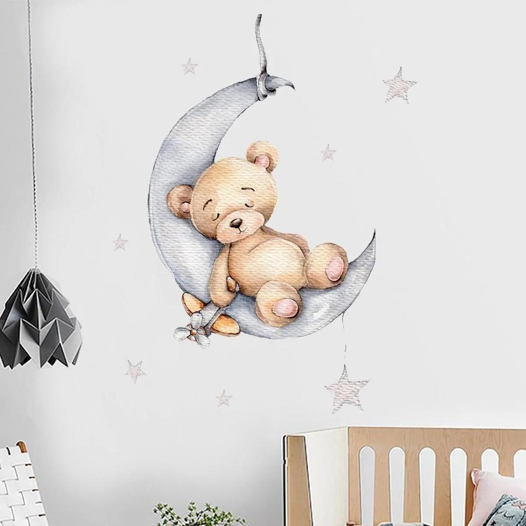 Wall Decoration NEW Cartoon Bear Sleeping On The Moon and Stars Wall Stickers for Kids Baby Room Wall Nterior Decoration Tools
