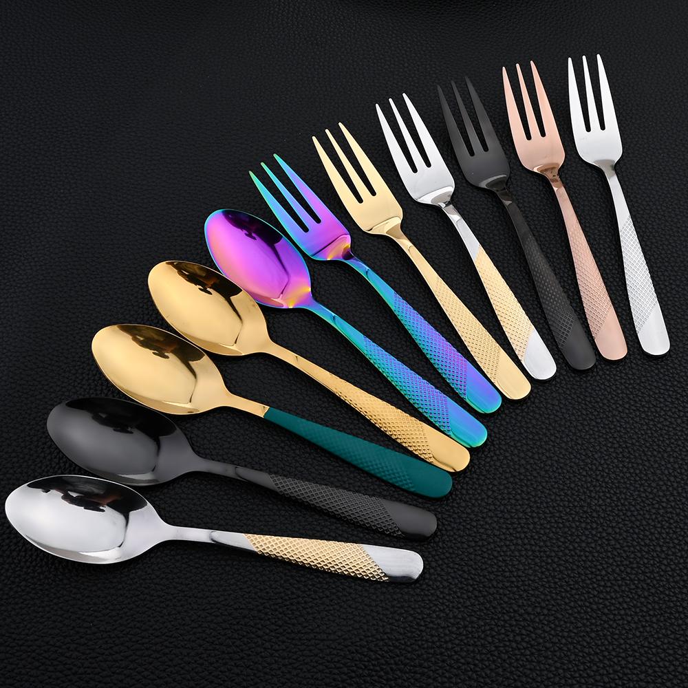 6Pcs Cutlery Stainless Steel Dinner Fruit Fork Colourful Cake Forks With Long Handle Tea Spoons Set for Hotel Party