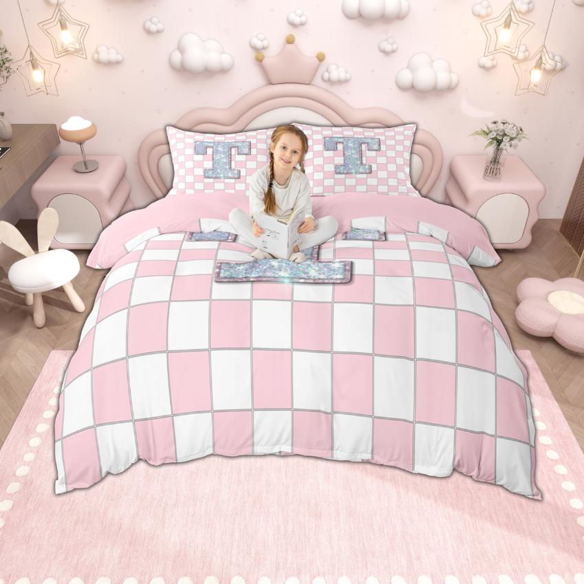 Homewish Monogrammed Duvet Cover Set for Kids, Pink Buffalo Plaid Bedding Set, Pink Reversible Quilt Cover Set